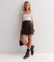 New Look Petite Brown Leather-Look High Waist Skirt